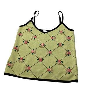 Naya Rea Lime Green Argyle Floral Embroidered‎ Knit Cami Tank Top Large